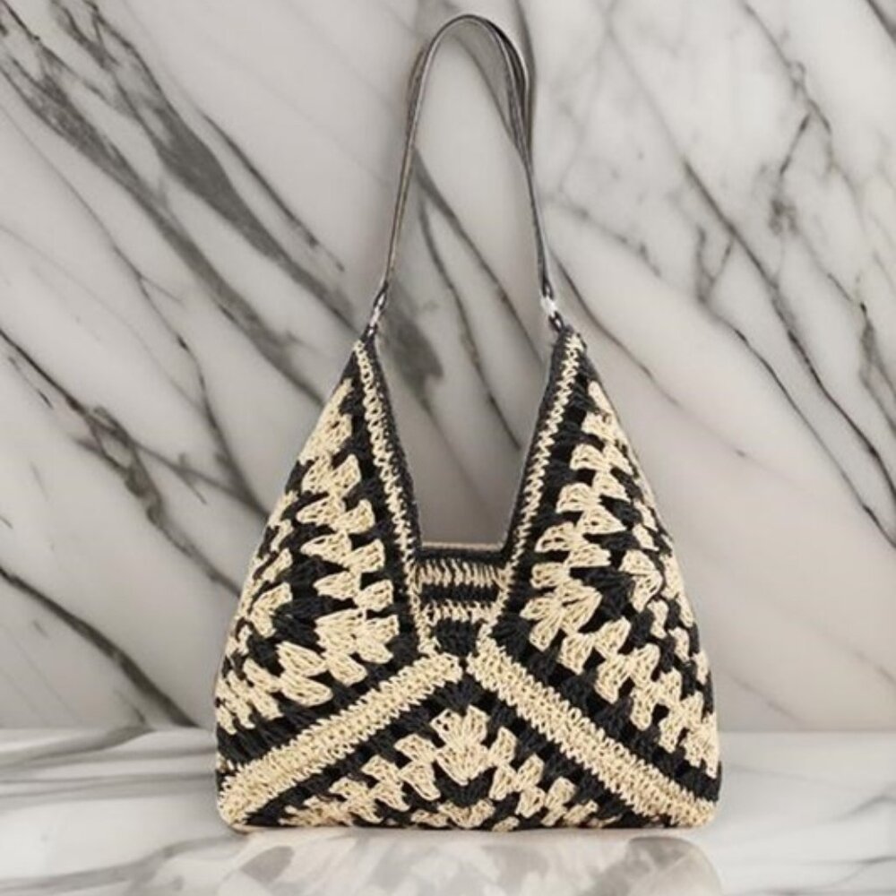 Vintage Woven Straw Crochet Bucket Shoulder Bag Black - Picture 1 of 4